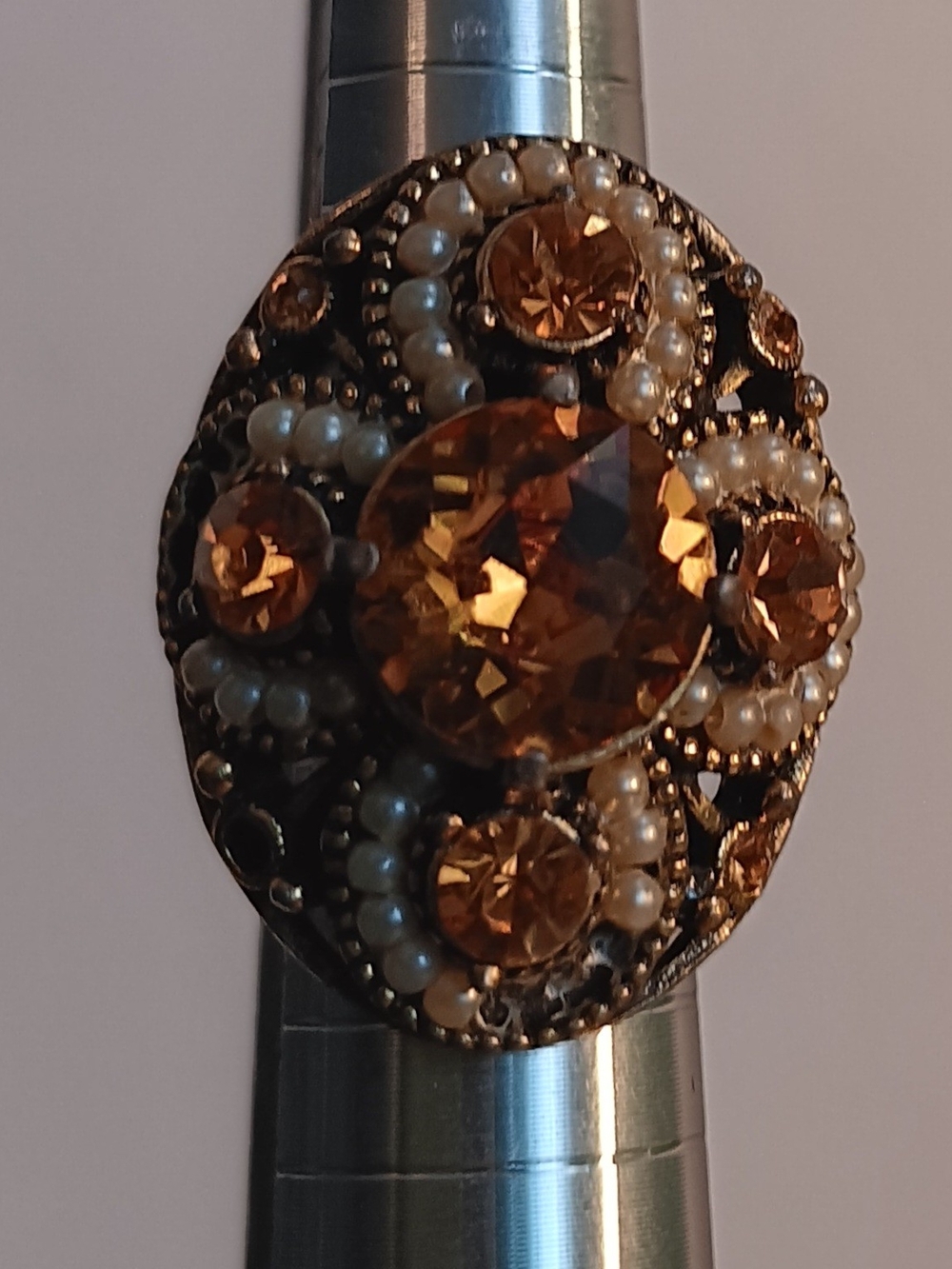 Gold-Tone Amber Crystal & Pearl Statement Ring